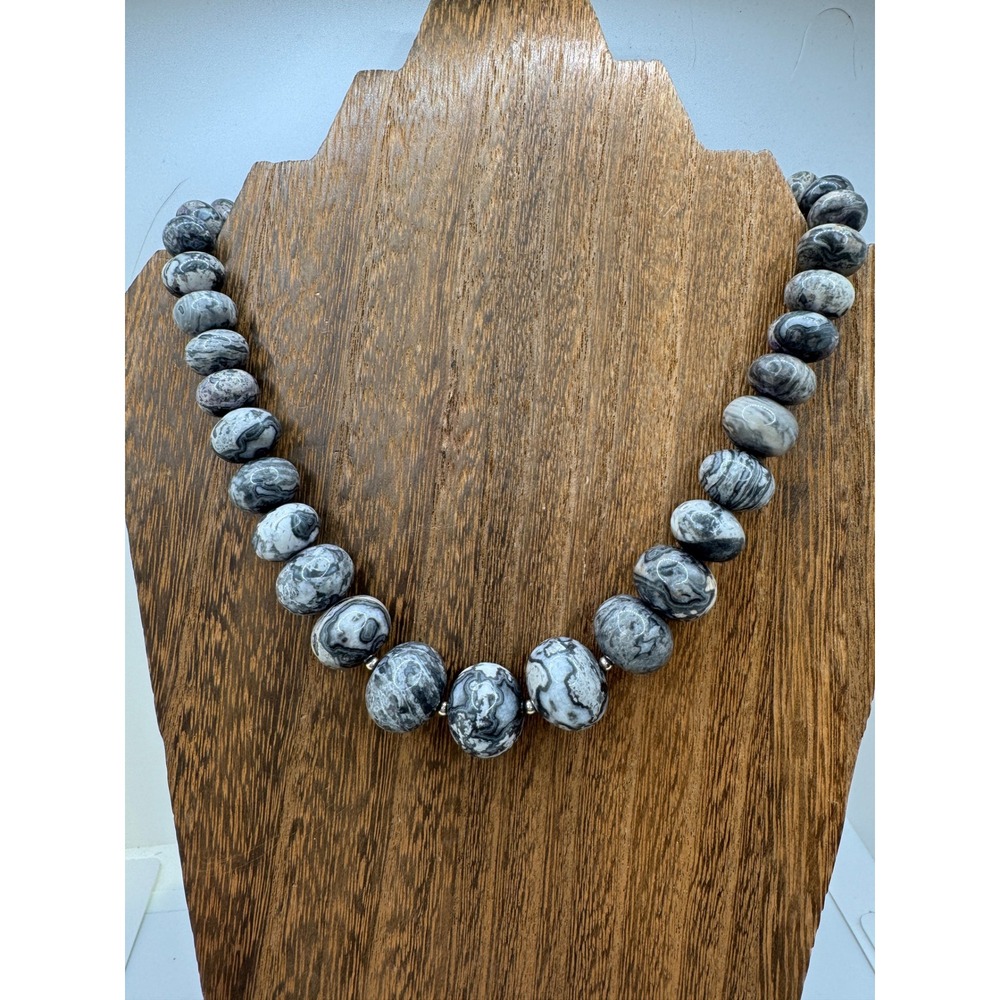 Barse Sterling Silver 925 Marbled Grey Jasper Beaded Statement Necklace Artisan